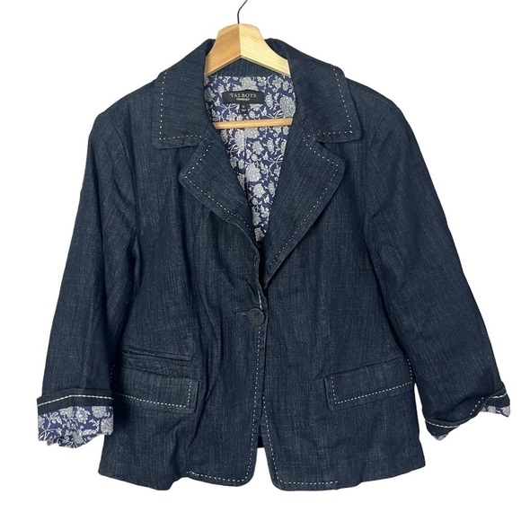 Talbots Dark Blue Denim Blazer Jacket 12 - Picture 1 of 5